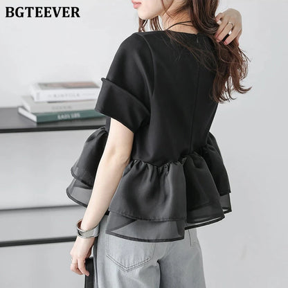 Japanese Style Short-Sleeved Ruffles Splicing T-Shirts
