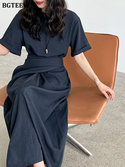 BGTEEVER Summer A-Line Dress | Slim Waist O-Neck Mid-Length
