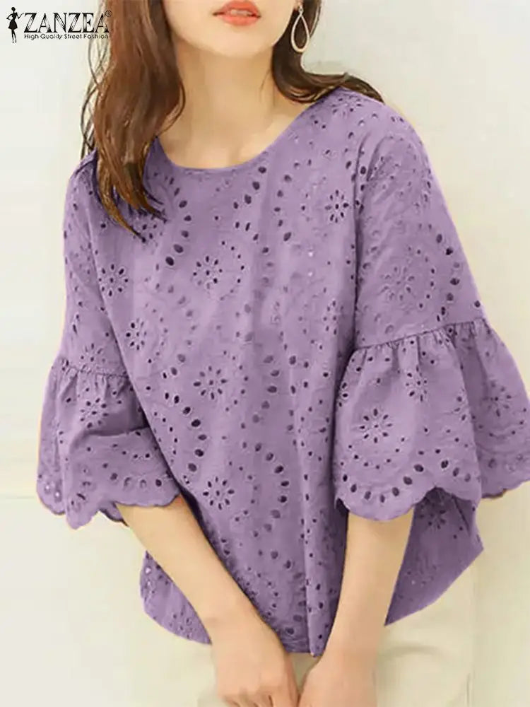 ZANZEA 3/4 Sleeve Hollow Out Elegant Lace Crochet  Loose Embroidery Blouse