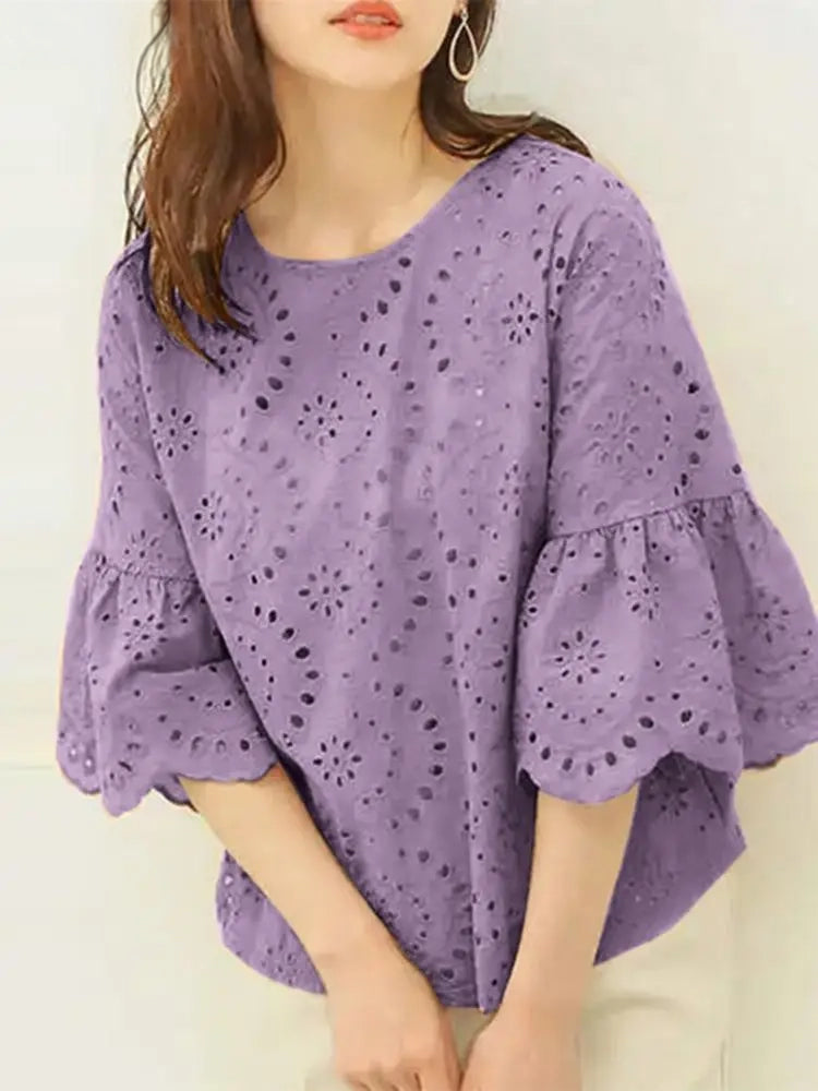 ZANZEA Lace Crochet Blouse | 3/4 Sleeve Embroidery Top -  Écru Doux