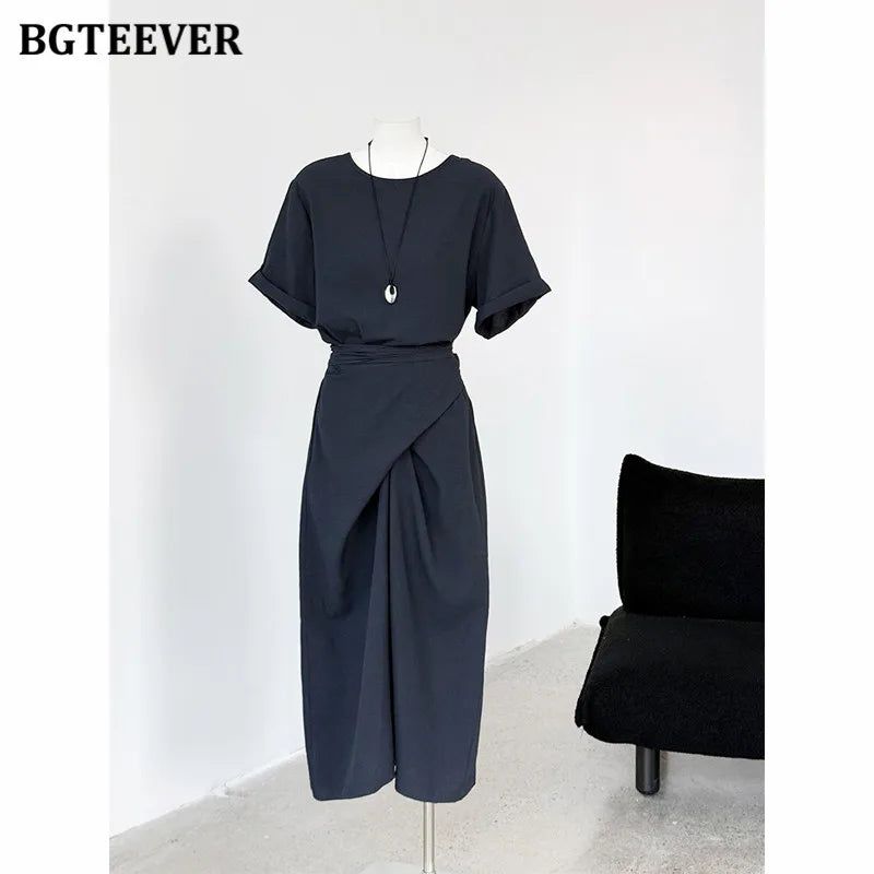 BGTEEVER Summer A-Line Dress | Slim Waist O-Neck Mid-Length