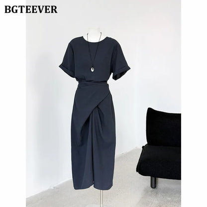 BGTEEVER Summer A-Line Dress | Slim Waist O-Neck Mid-Length