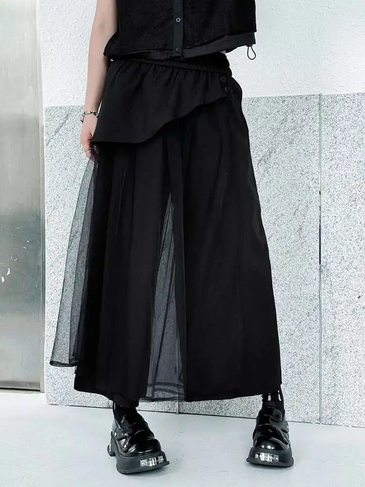 EAM Mesh Wide Leg Pants | High Waist Elastic Trousers -  Écru Doux