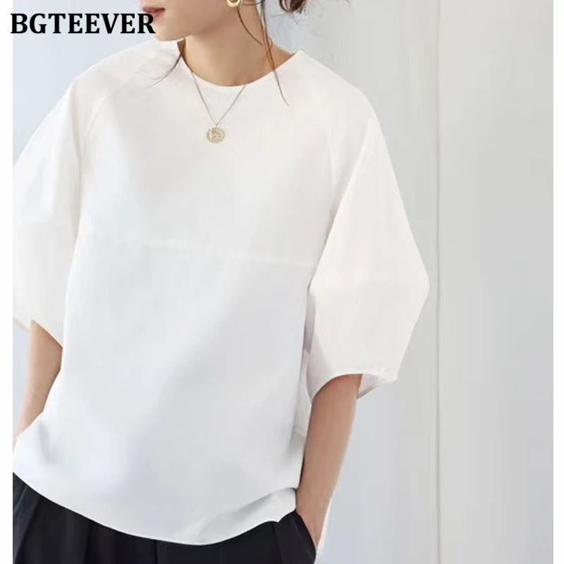BGTEEVER Casual Puff Sleeve Blouse | Summer O-Neck Loose Top
