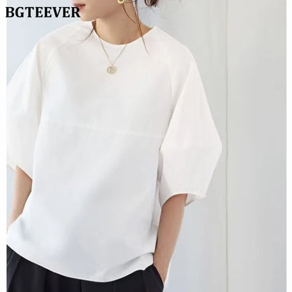 BGTEEVER Casual Puff Sleeve Blouse | Summer O-Neck Loose Top