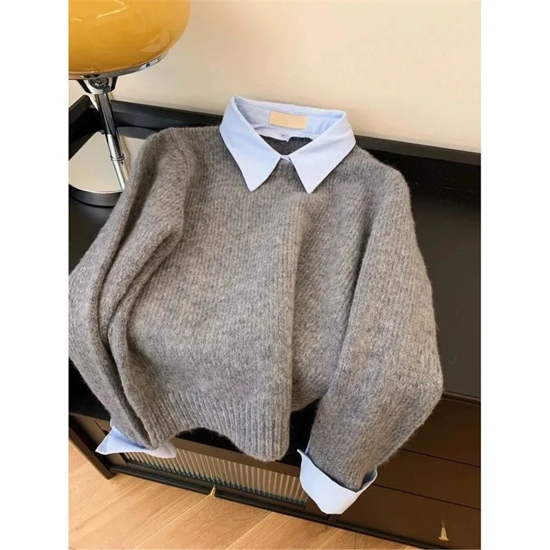 Women Grey Autumn Outfit New Lazy Linterior Contrasting Colour Sweater with Fake Collar