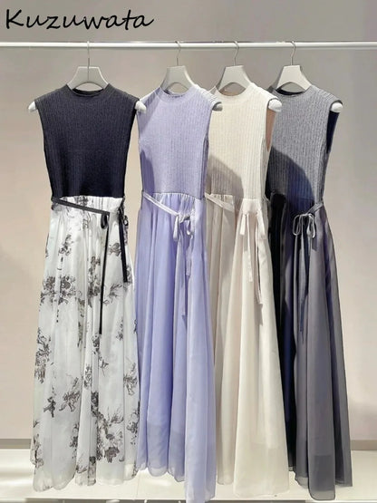 Kuzuwata Simple Knit Patchwork Sleeveless Lace Up Slim Waist Robe Dress with an Elegant Japanese Chiffon