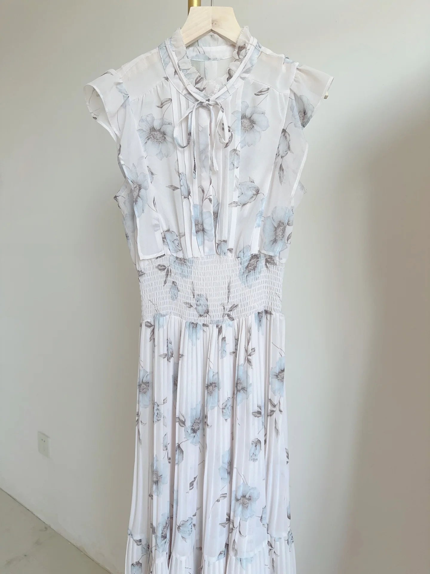 Kuzuwata Print High Waist Robe New Gentle Literary Lace Up Pleated Slim Japanese Elegant Dress