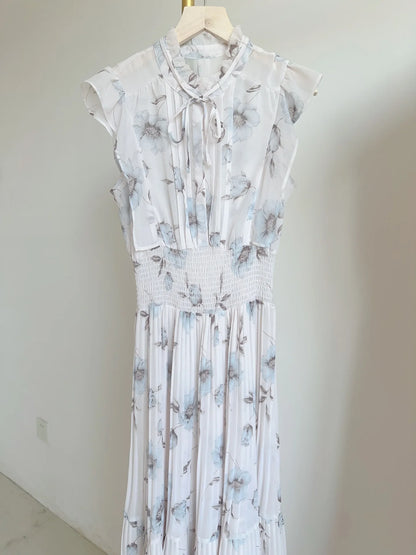 Kuzuwata Print High Waist Robe New Gentle Literary Lace Up Pleated Slim Japanese Elegant Dress