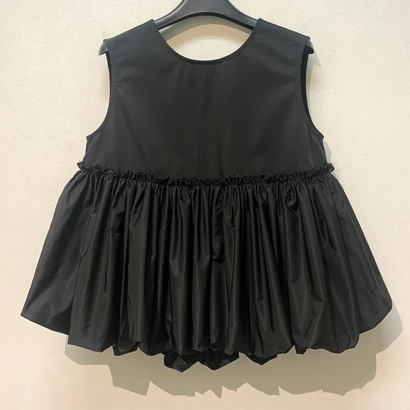 Kuzuwata Vintage Ruffle Patchwork Cool French Style Trendy Tank Sleeveless Top