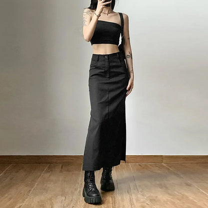 Midi Dark Grunge Tag Split Mall Gothic Punk High Raise Slim Long Skirt
