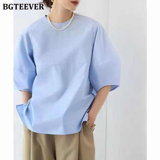 BGTEEVER Casual Puff Sleeve Blouse | Summer O-Neck Loose Top