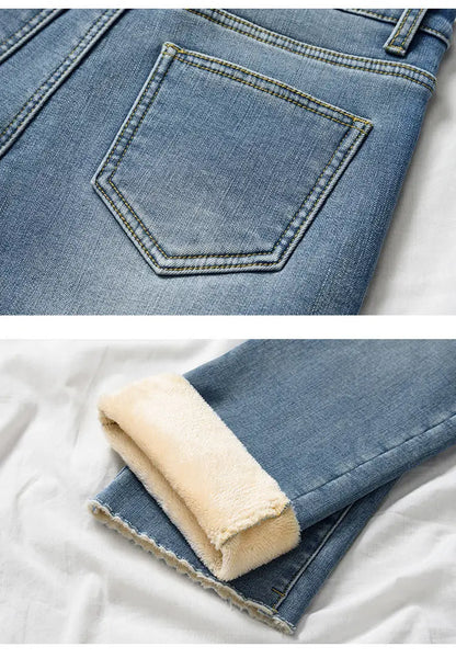 Autumn / Winter High Street Super Warm Thick Fleece Vaqueros Ankle Straight Jeans