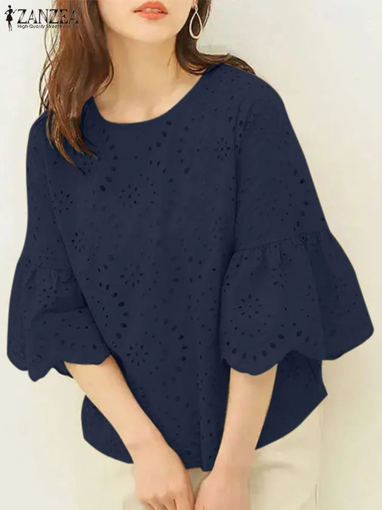 ZANZEA 3/4 Sleeve Hollow Out Elegant Lace Crochet  Loose Embroidery Blouse