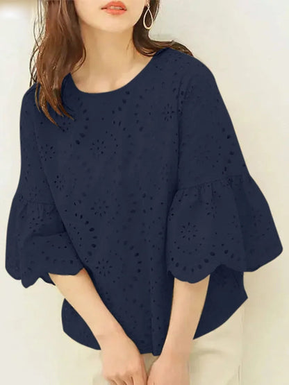 ZANZEA Lace Crochet Blouse | 3/4 Sleeve Embroidery Top -  Écru Doux