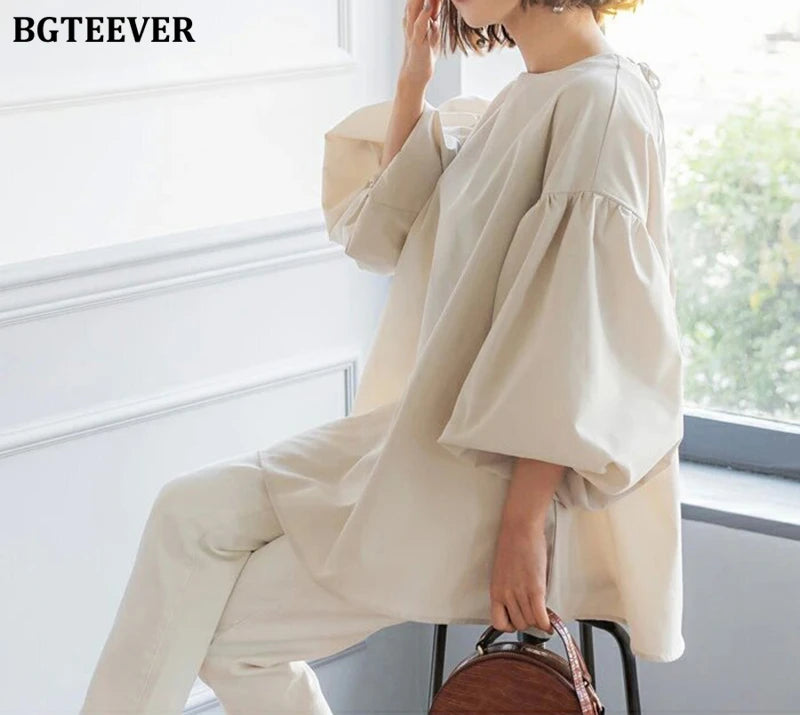 BGTEEVER Vintage Puff Sleeve Blouse | Spring Summer Lace-Up