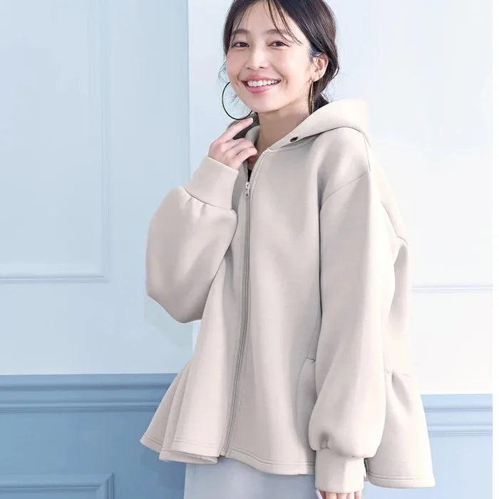 Japanese Style Hoodie Jacket | Lace Detail Casual Outerwear -  Écru Doux