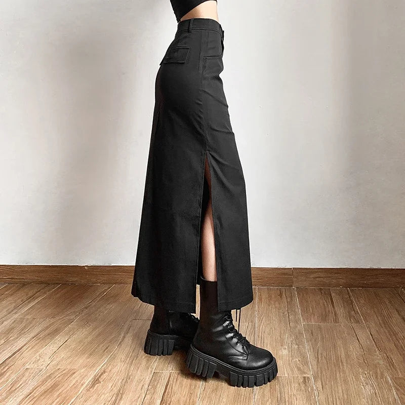 Midi Dark Grunge Tag Split Mall Gothic Punk High Raise Slim Long Skirt