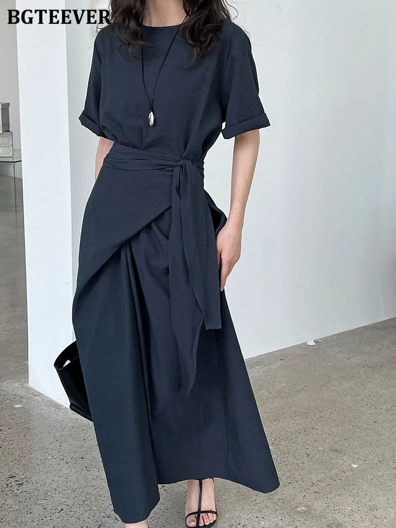 BGTEEVER Summer A-Line Dress | Slim Waist O-Neck Mid-Length