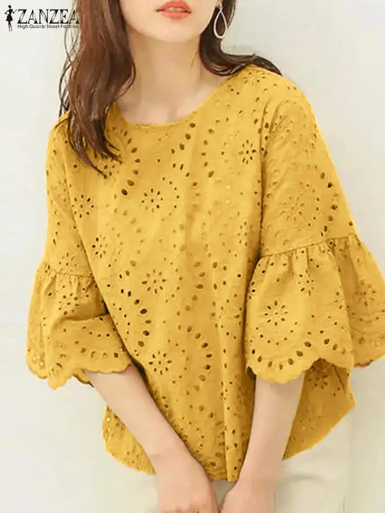ZANZEA 3/4 Sleeve Hollow Out Elegant Lace Crochet  Loose Embroidery Blouse