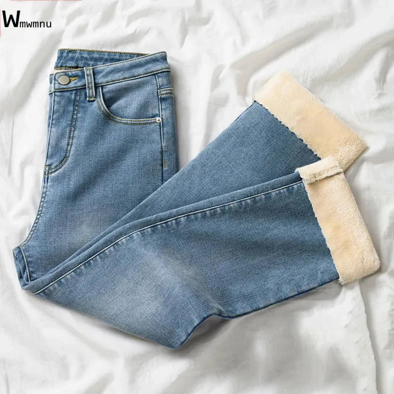 Autumn / Winter High Street Super Warm Thick Fleece Vaqueros Ankle Straight Jeans