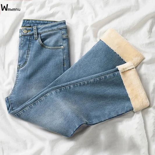 Autumn / Winter High Street Super Warm Thick Fleece Vaqueros Ankle Straight Jeans