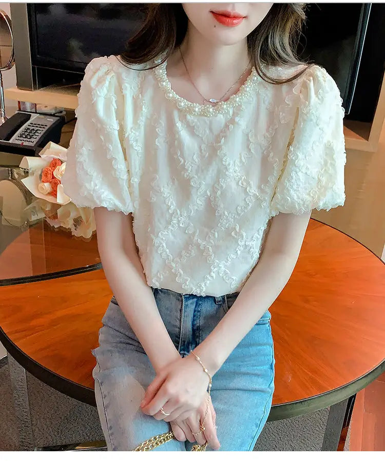 Kawaii French Bead Puff Short-Sleeved Chiffon Shirt