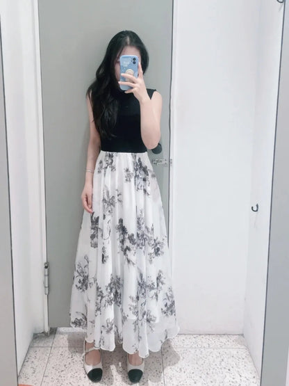 Kuzuwata Simple Knit Patchwork Sleeveless Lace Up Slim Waist Robe Dress with an Elegant Japanese Chiffon
