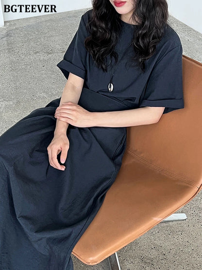 BGTEEVER Summer A-Line Dress | Slim Waist O-Neck Mid-Length