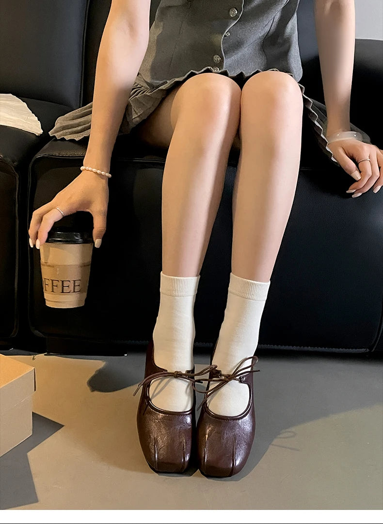 Soft Leather Ballet Flats with Butterfly Knot for Women