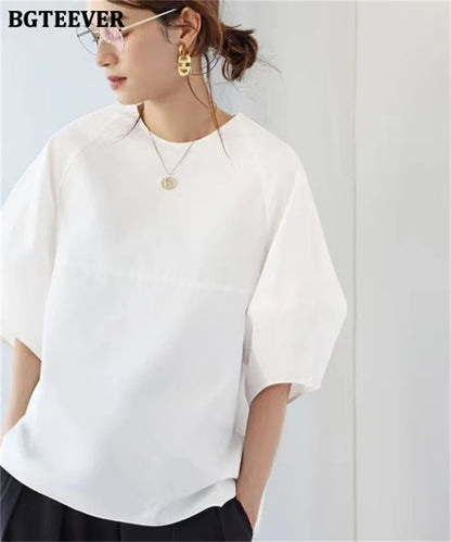 BGTEEVER Casual Puff Sleeve Blouse | Summer O-Neck Loose Top