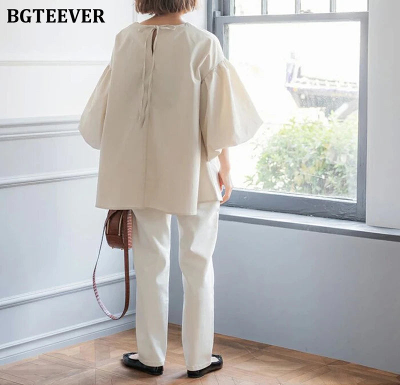 BGTEEVER Vintage Puff Sleeve Blouse | Spring Summer Lace-Up