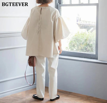 BGTEEVER Vintage Puff Sleeve Blouse | Spring Summer Lace-Up