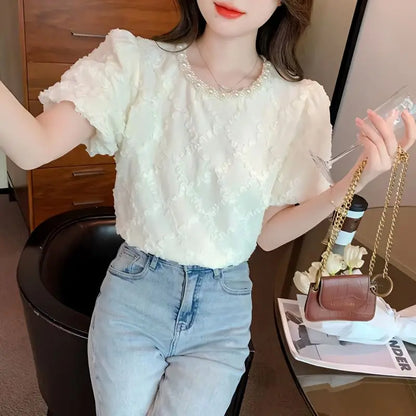Kawaii French Bead Puff Short-Sleeved Chiffon Shirt