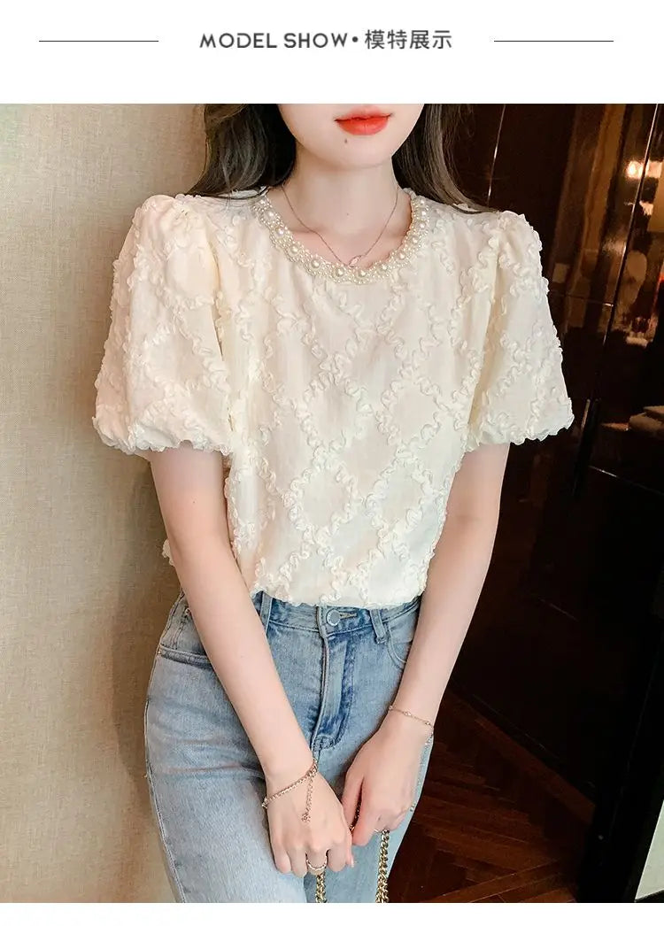Kawaii French Bead Puff Short-Sleeved Chiffon Shirt