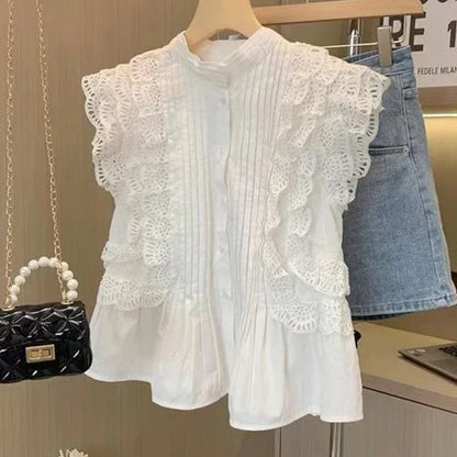 Sweet Lace Harajuku Ruffles Chic Preppy Style Vintage Sleeveless Blouse