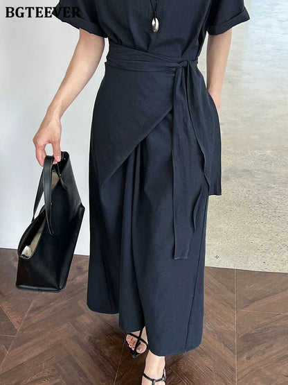 BGTEEVER Summer A-Line Dress | Slim Waist O-Neck Mid-Length