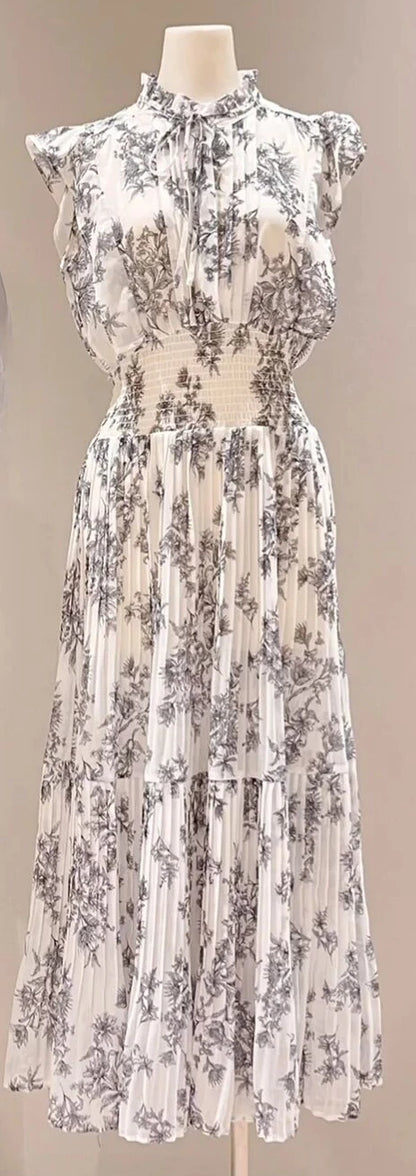 Kuzuwata Print High Waist Robe New Gentle Literary Lace Up Pleated Slim Japanese Elegant Dress