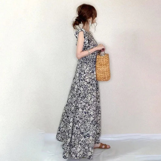 Kuzuwata 新作フリル袖 ハイウエストローブ 花柄プリント マキシワンピース