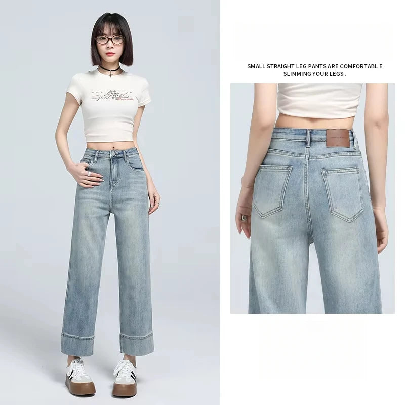 Stylish High-Waist Cropped Stretch Straight Jeans