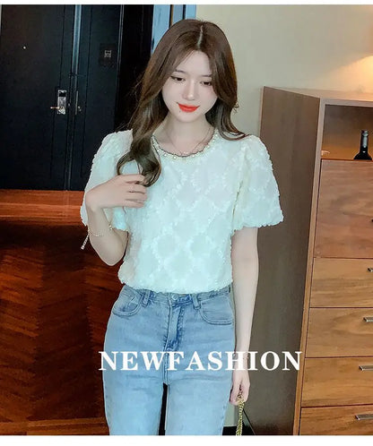 Kawaii French Bead Puff Short-Sleeved Chiffon Shirt