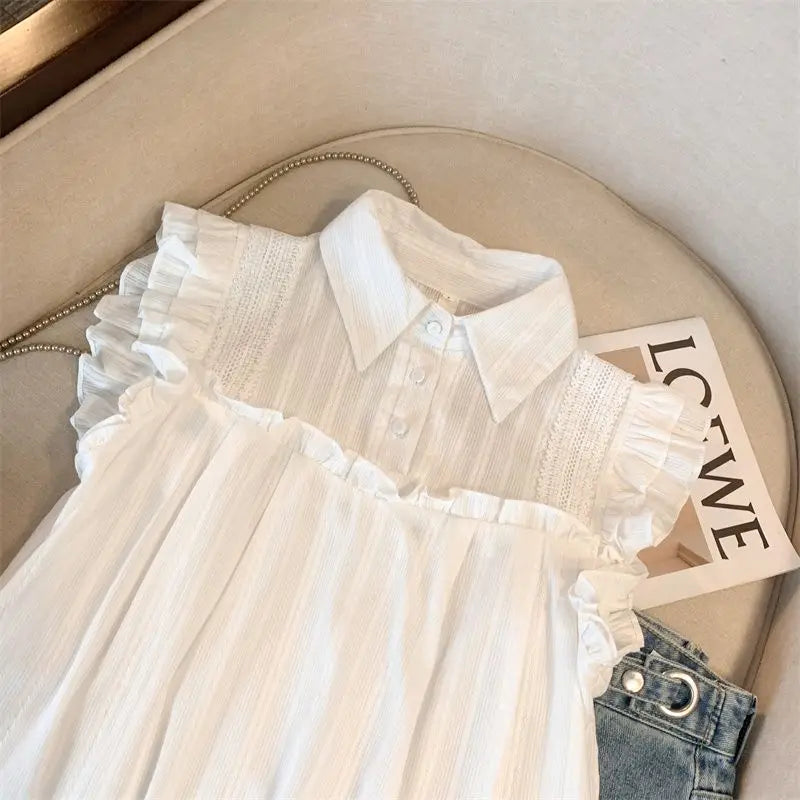 Women Kawaii Sleeveless Blouses with Solid Lace Ruffles Japanese Style