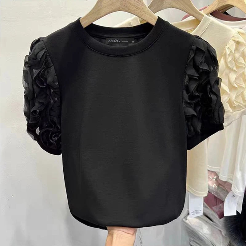 Ruffled Patchwork Lantern Short Sleeve Vintage Blouse - Écru Doux