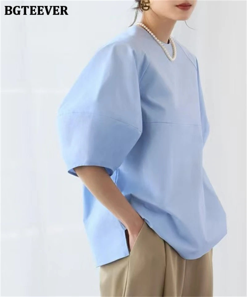BGTEEVER Casual Puff Sleeve Blouse | Summer O-Neck Loose Top