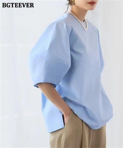 BGTEEVER Casual Puff Sleeve Blouse | Summer O-Neck Loose Top