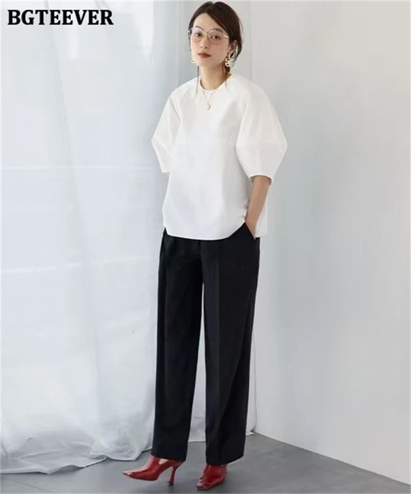 BGTEEVER Casual Puff Sleeve Blouse | Summer O-Neck Loose Top