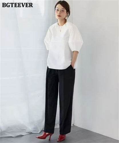 BGTEEVER Casual Puff Sleeve Blouse | Summer O-Neck Loose Top