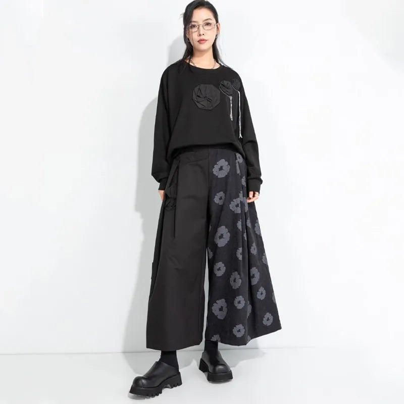 Black Floral Wide Leg Pants |  Vintage High Waist Trousers -  Écru Doux