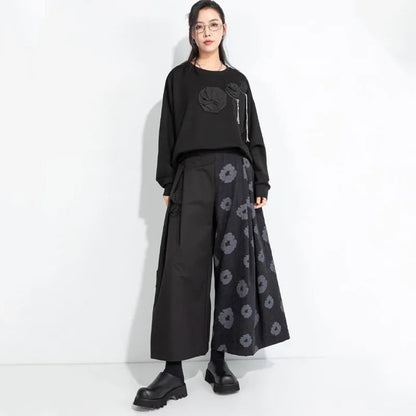 Black Floral Wide Leg Pants |  Vintage High Waist Trousers -  Écru Doux