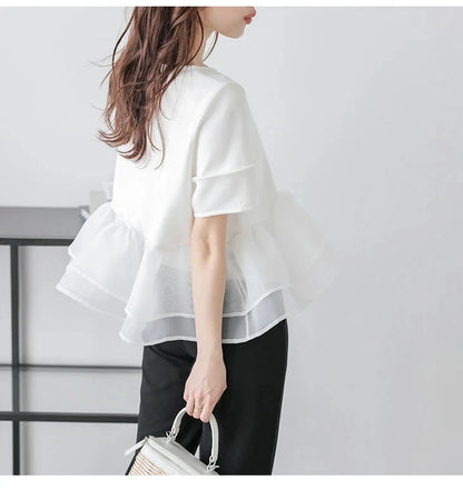 Japanese Style Short-Sleeved Ruffles Splicing T-Shirts